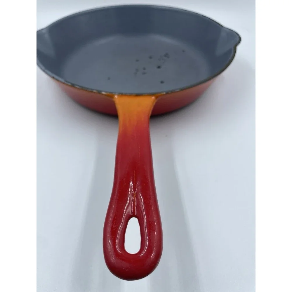 Vintage Descoware Flame Orange 9” Cast Iron Enamel Fry Pan Belgium